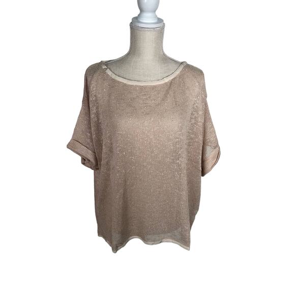 Uniq Beige Crochet Roll Tab Oversized Short Sleeve Sweater - M - Picture 1 of 5